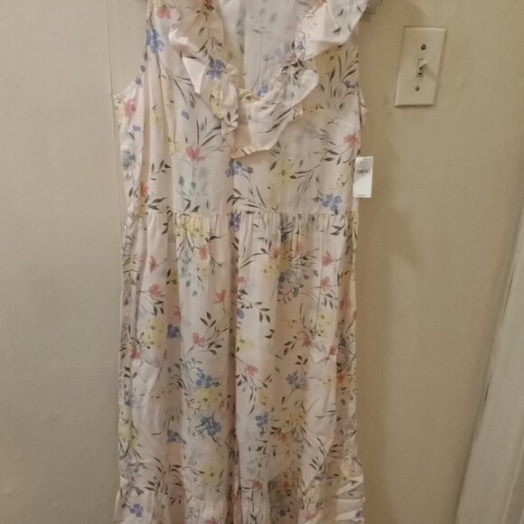 NWT Old Navy Sz XS soft pink floral ruffles around Neckline Midi/Maxi Dress - Picture 4 of 6